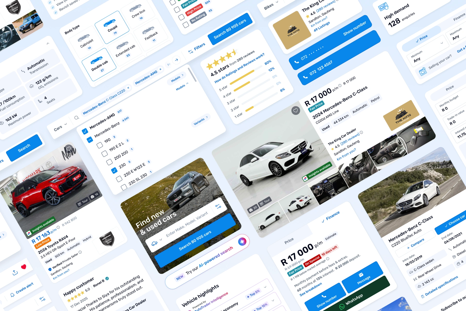 Angled collage of AutoTrader interface components on a pale blue background, showing the breadth of the design system: body type filter tiles, a Mercedes-Benz model selector with checkboxes, a 4.5 star dealer rating breakdown, a white Mercedes-Benz C-Class listing card with a photo gallery, a finance price panel showing R 17 000 per month with a Fair Price badge, Call, Message and WhatsApp buttons, a red Toyota RAV4 listing card, a customer review card and an "AutoTrader Intelligence" vehicle highlights panel.