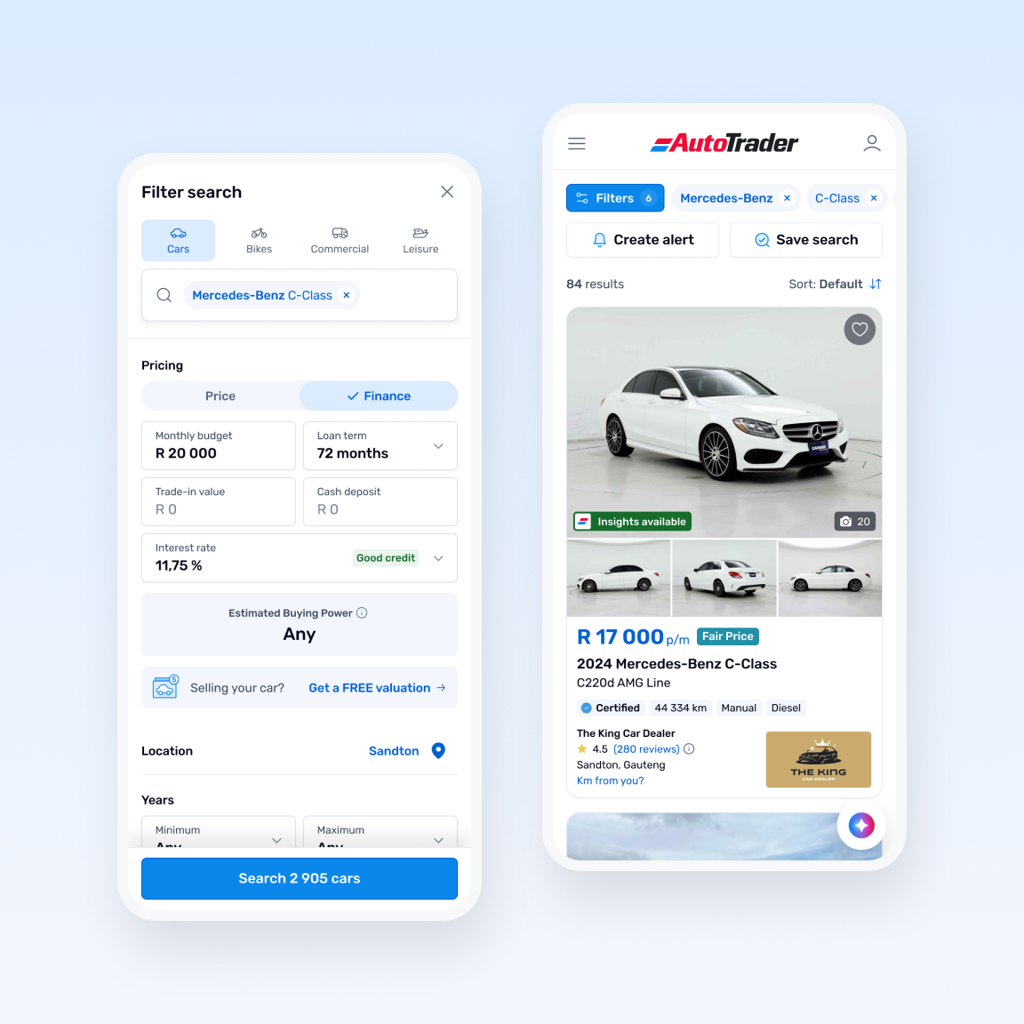 Two mobile mockups showing budget-based car searching. On the left, a filter panel set to Finance mode, with fields for a R 20 000 monthly budget, a 72 month loan term, trade-in value, cash deposit and an 11.75 percent interest rate marked "Good credit". On the right, search results for a Mercedes-Benz C-Class showing a white 2024 model priced at R 17 000 per month with a Fair Price badge.