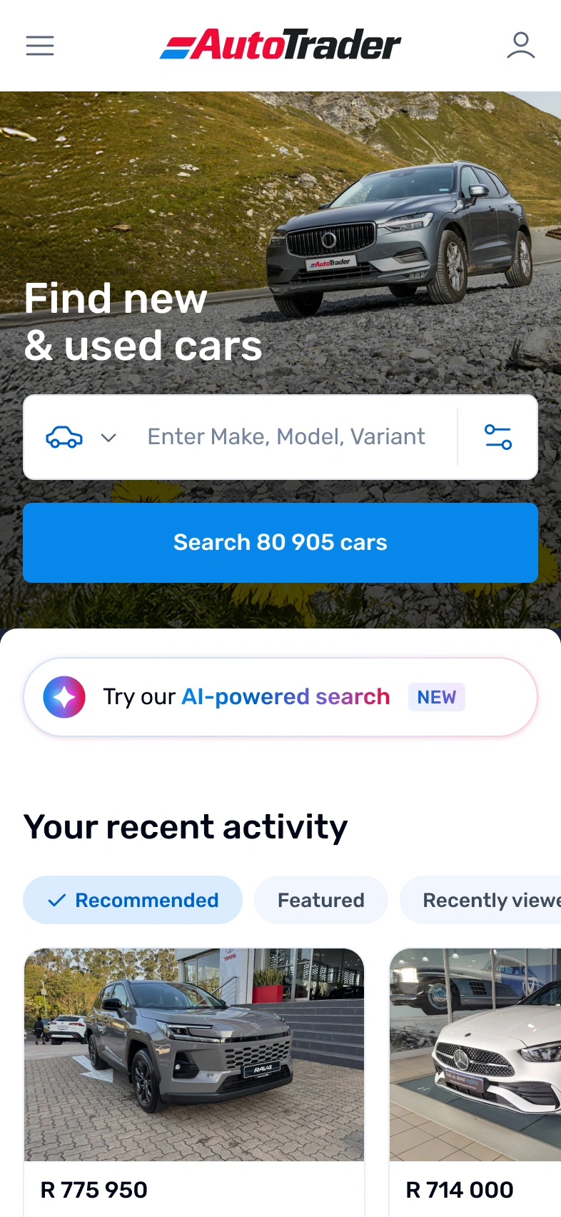 AutoTrader mobile homepage with the heading "Find new & used cars" over a grey Volvo SUV, a search bar, a blue "Search 80 905 cars" button, an "AI-powered search" prompt and a "Your recent activity" carousel of car listings.