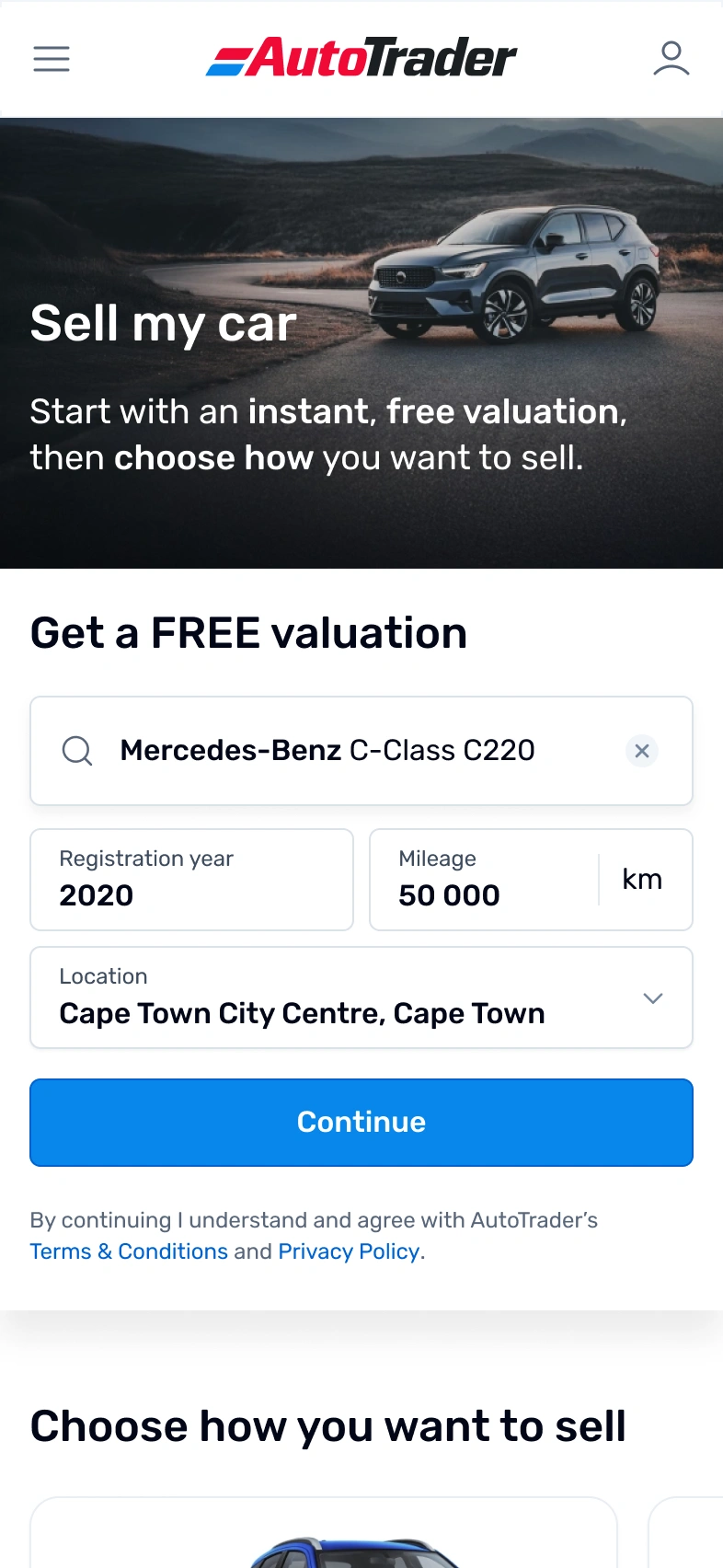 AutoTrader mobile "Sell my car" screen with a dark SUV hero image, a "Get a FREE valuation" form for a 2020 Mercedes-Benz C-Class C220 with 50 000 km in Cape Town, and a Continue button.