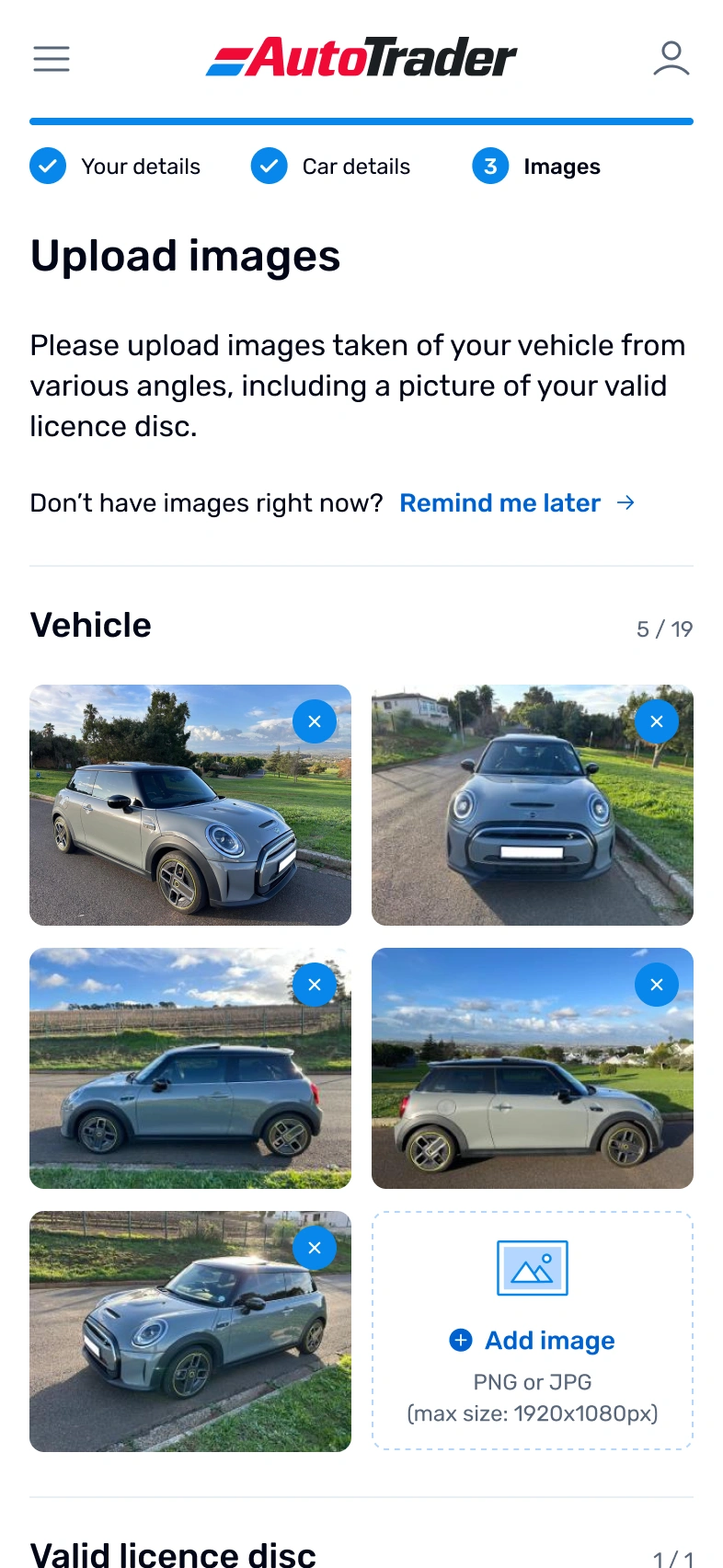 AutoTrader mobile "Upload images" step of the sell-your-car flow, showing a three-step progress indicator, five photos of a light grey Mini Cooper, an "Add image" tile and a licence disc upload section below.
