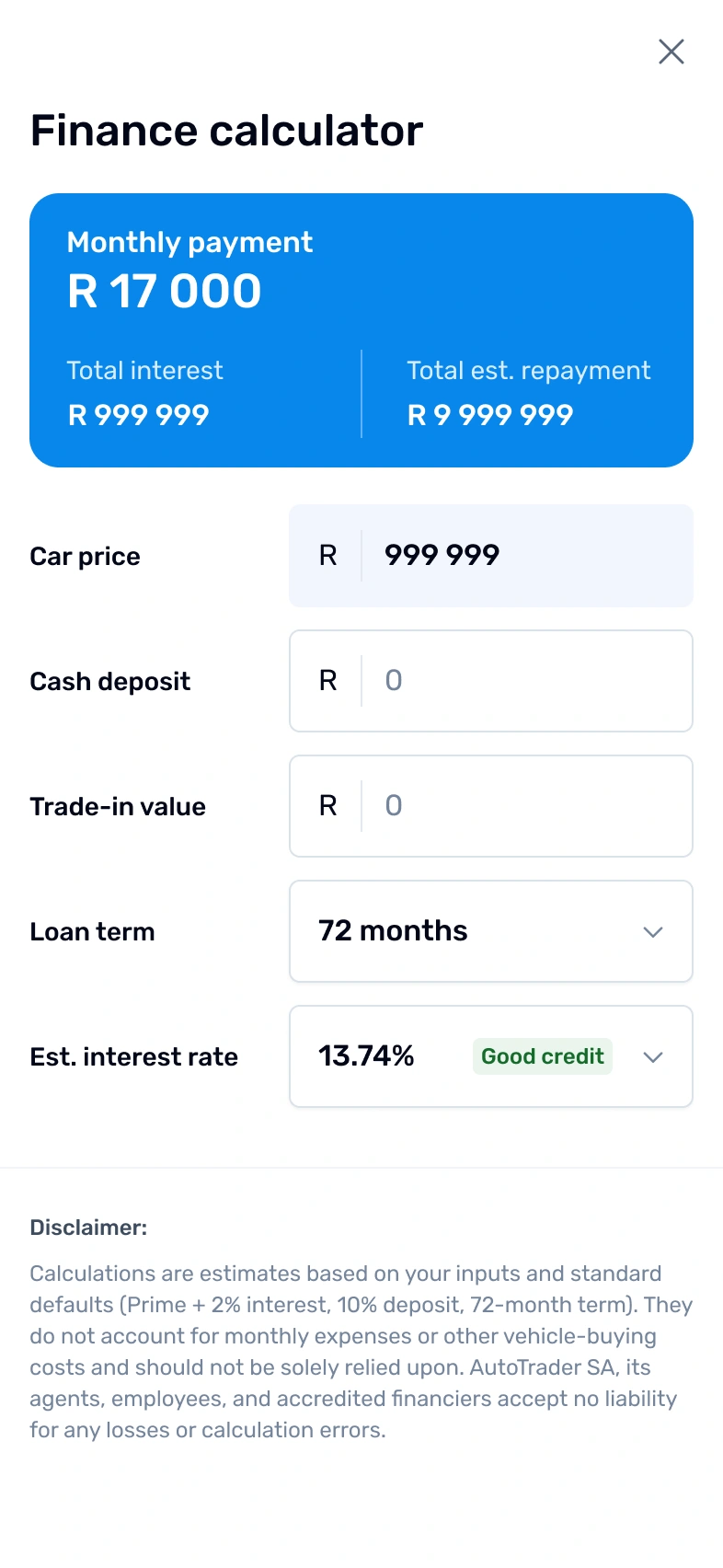 AutoTrader mobile finance calculator showing an estimated monthly payment, total interest and total repayment in a blue summary card, with editable fields for car price, cash deposit, trade-in value, loan term and interest rate, followed by a disclaimer.