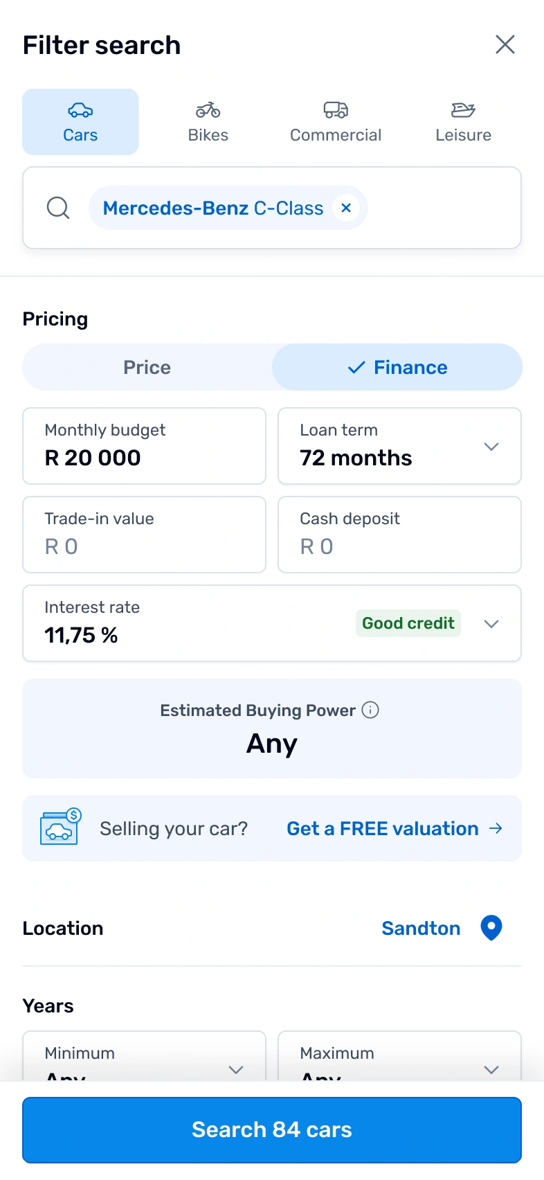 AutoTrader mobile filter screen with tabs for cars, bikes, commercial and leisure vehicles. Pricing is set to Finance, with fields for monthly budget, loan term, trade-in value, cash deposit and interest rate, plus a free valuation prompt and a "Search 84 cars" button.