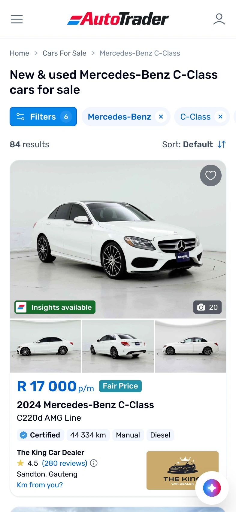AutoTrader mobile search results for new and used Mercedes-Benz C-Class cars, with active filter chips, 84 results and a featured white 2024 C220d AMG Line listing priced at R 17 000 per month with a Fair Price badge and dealer details.