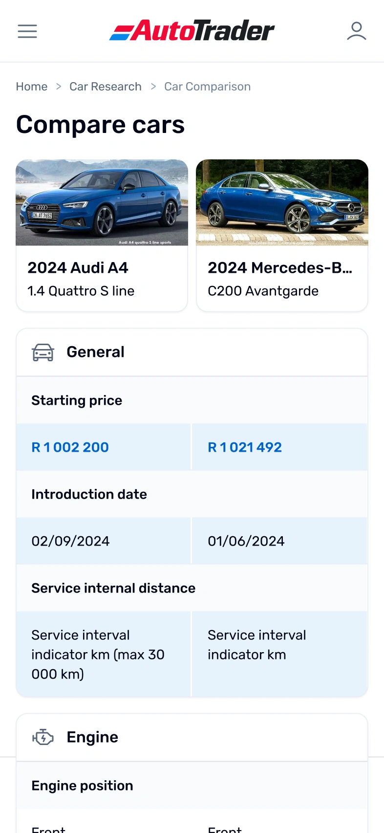 AutoTrader mobile "Compare cars" screen showing a 2024 Audi A4 and a 2024 Mercedes-Benz C-Class side by side, with comparison rows for starting price, introduction date and service interval, followed by an engine section.