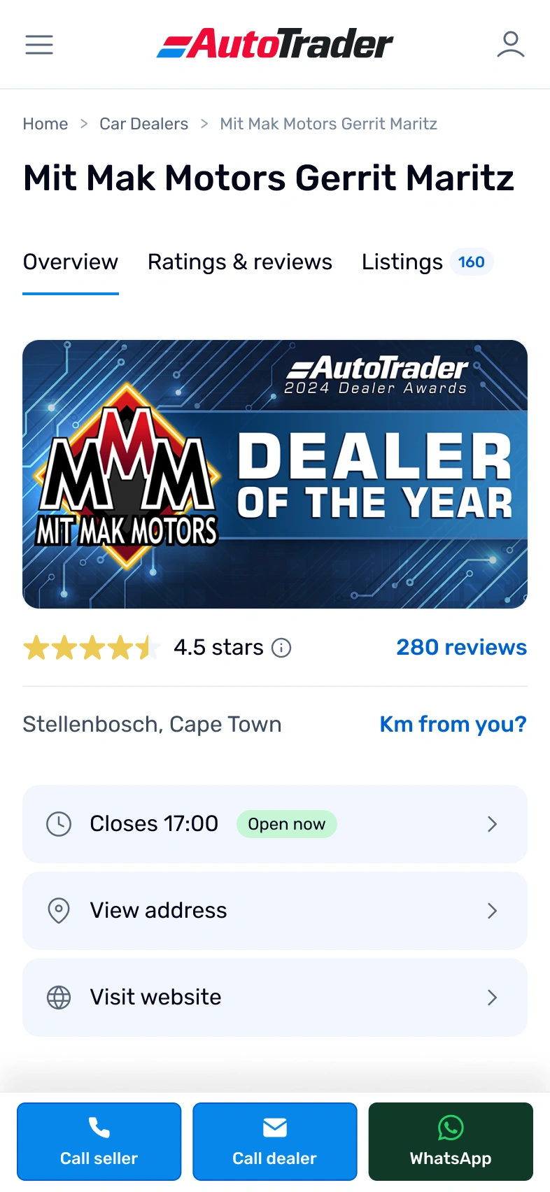 AutoTrader mobile dealer profile for Mit Mak Motors Gerrit Maritz, featuring a "2024 Dealer of the Year" award banner, a 4.5 star rating from 280 reviews, opening hours, address and website links, and Call seller, Call dealer and WhatsApp buttons.
