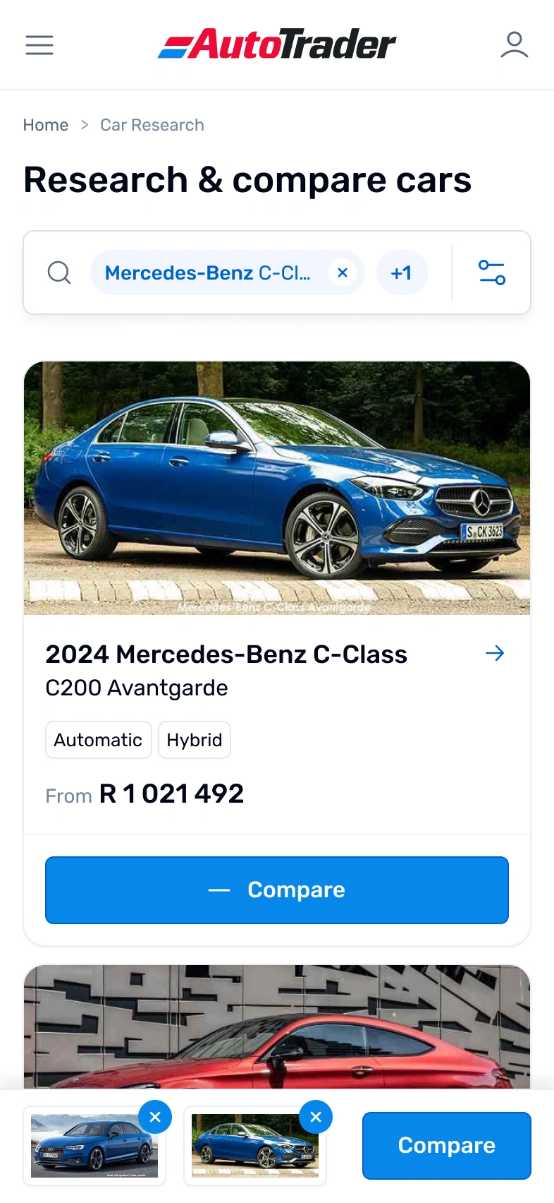 AutoTrader mobile "Research & compare cars" screen showing a blue 2024 Mercedes-Benz C-Class C200 Avantgarde from R 1 021 492, with a Compare button and a bottom tray holding two cars selected for comparison.