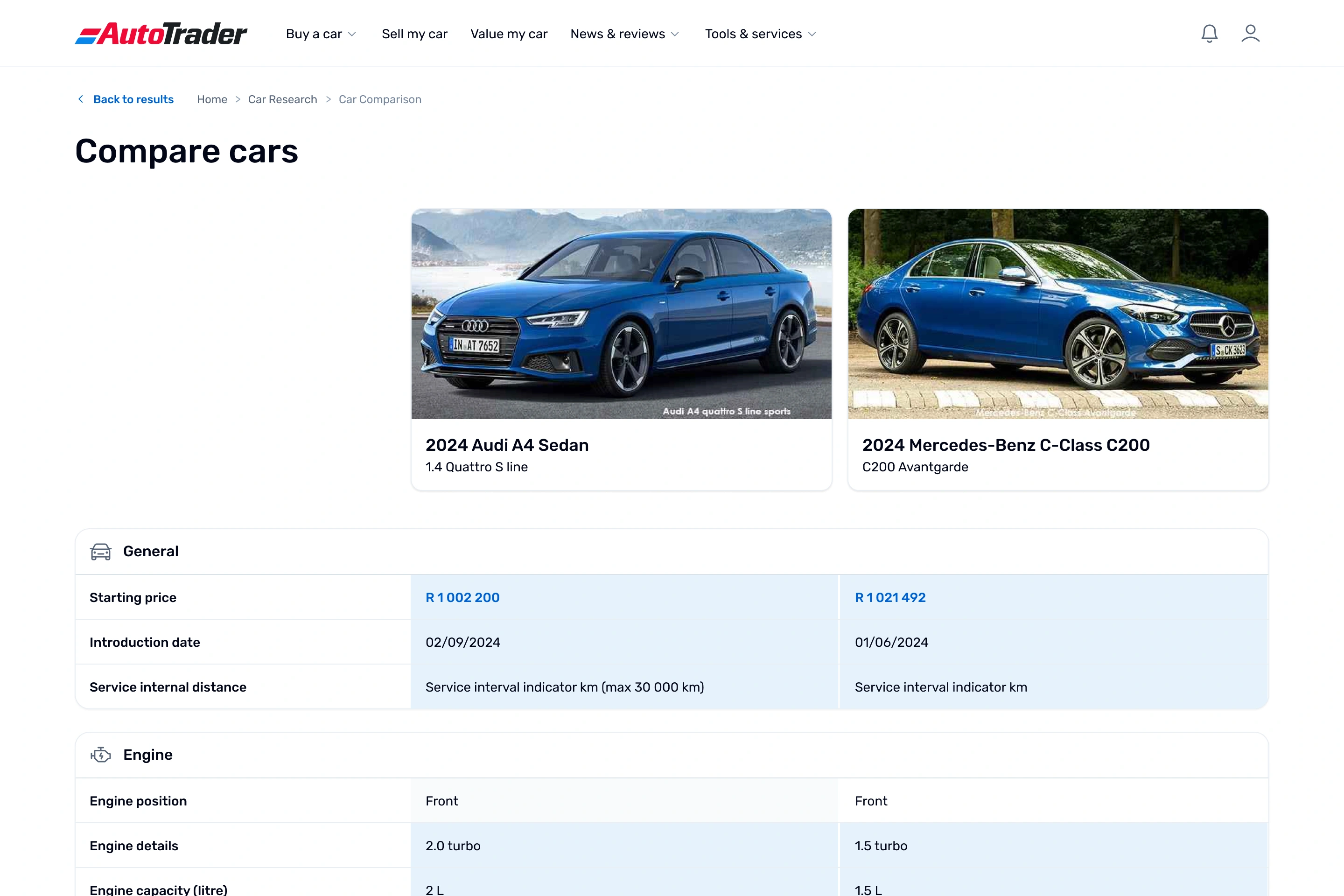 AutoTrader desktop "Compare cars" page placing a blue 2024 Audi A4 Sedan beside a blue 2024 Mercedes-Benz C-Class C200. Below the car photos, a side-by-side table compares general details such as starting price and introduction date, followed by engine specifications.