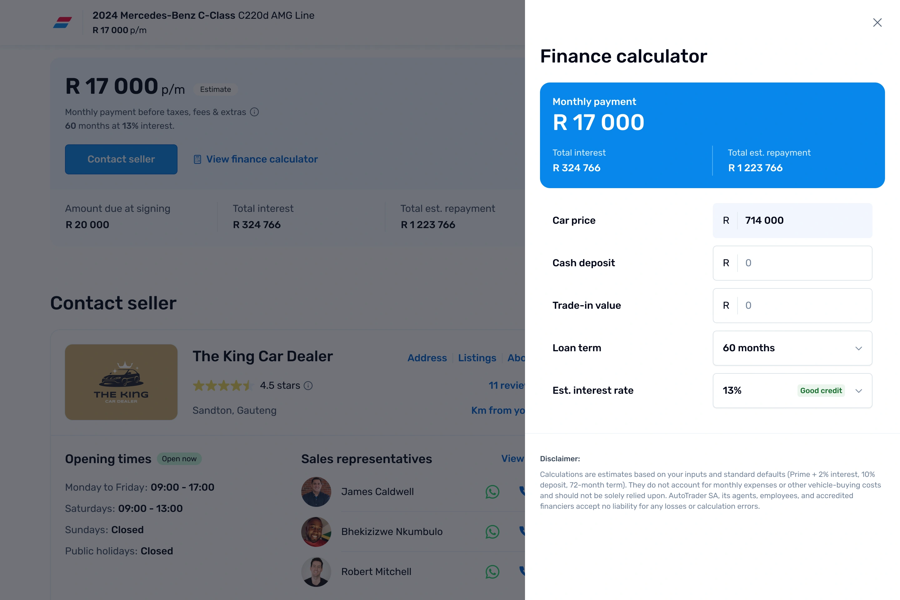 AutoTrader desktop listing page with a "Finance calculator" panel open on the right. It shows an estimated monthly payment of R 17 000, total interest of R 324 766 and an editable breakdown of car price, cash deposit, trade-in value, a 60 month loan term and a 13 percent interest rate, followed by a disclaimer.
