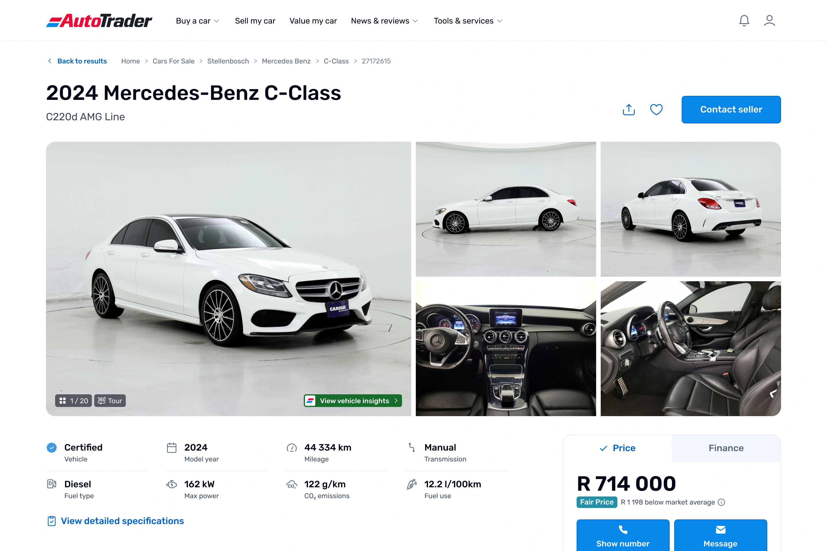 AutoTrader desktop listing page for a white 2024 Mercedes-Benz C-Class C220d AMG Line. A large photo gallery shows exterior and interior shots, followed by a row of key specs including mileage, transmission, fuel type, power, emissions and fuel use. A price panel on the right shows R 714 000 with a Price and Finance toggle and Show number and Message buttons.