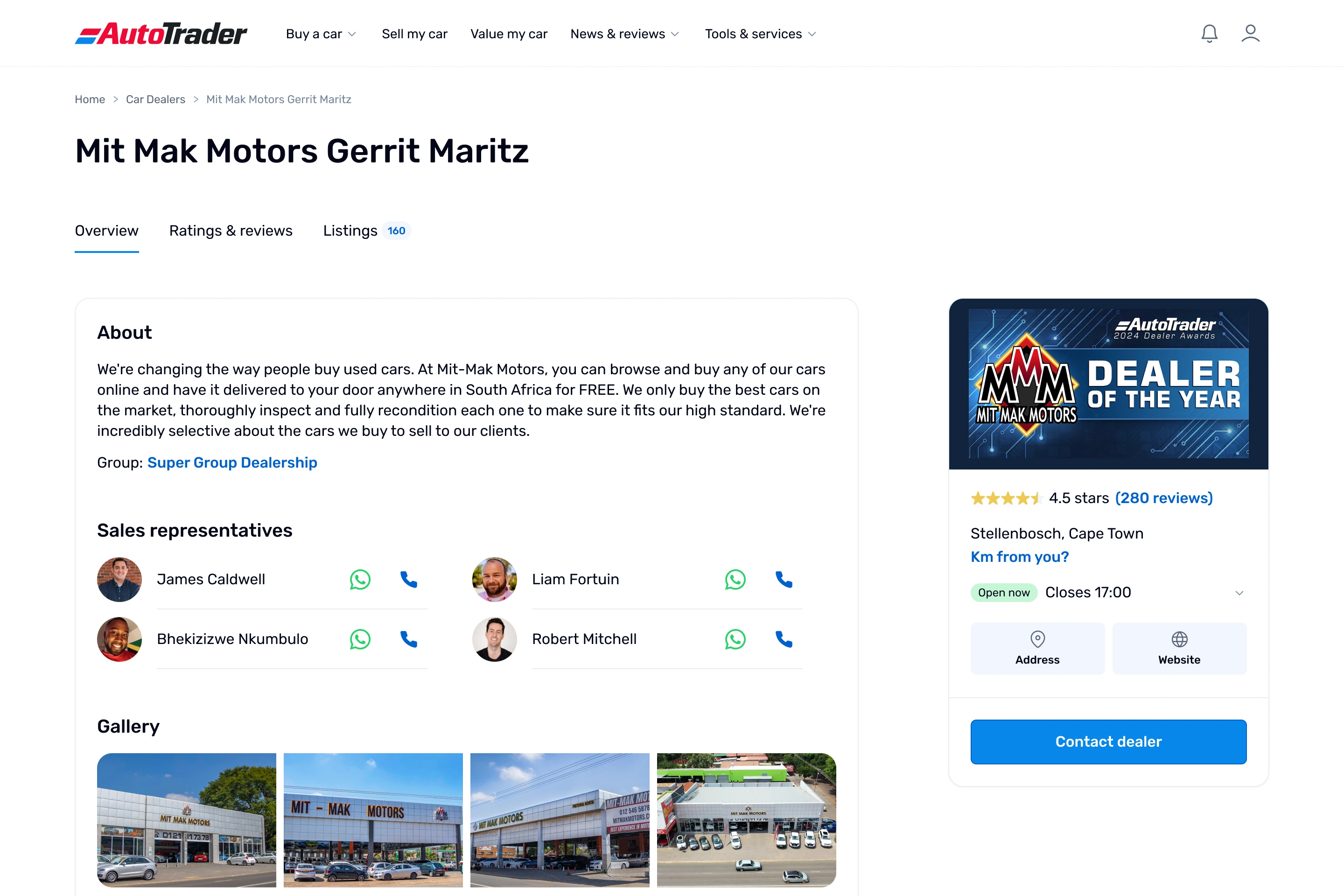 AutoTrader desktop dealer profile page for Mit Mak Motors Gerrit Maritz, with Overview, Ratings and reviews, and Listings tabs. It includes an About section, four sales representatives with WhatsApp and call icons, a dealership photo gallery and a sidebar card showing a "Dealer of the Year" award banner, a 4.5 star rating from 280 reviews and a "Contact dealer" button.