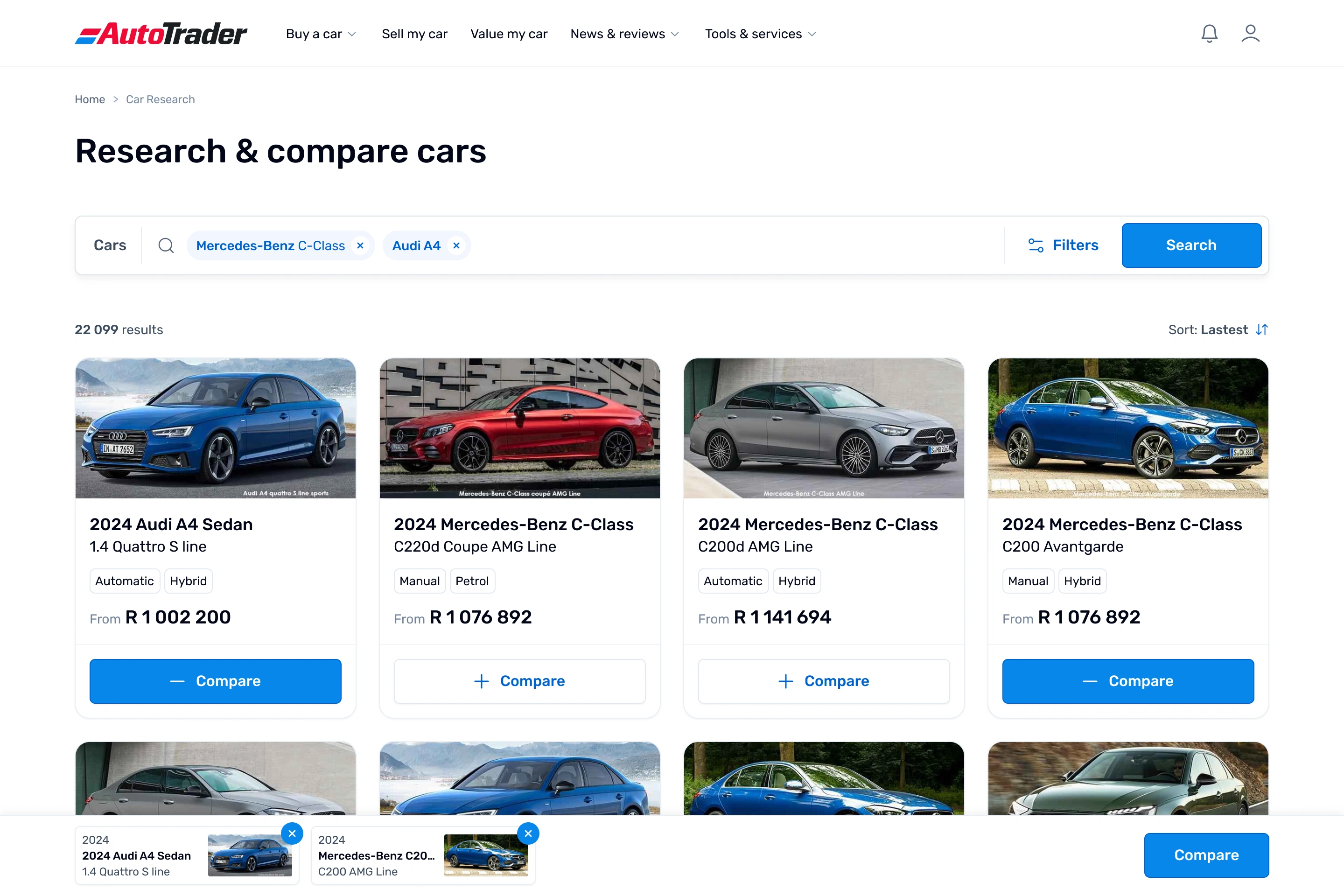 AutoTrader desktop "Research & compare cars" page, searching Mercedes-Benz C-Class and Audi A4 and showing 22 099 results. A grid of car cards shows models with starting prices and Compare buttons, and a tray at the bottom holds a selected Audi A4 and Mercedes-Benz C-Class ready to compare.