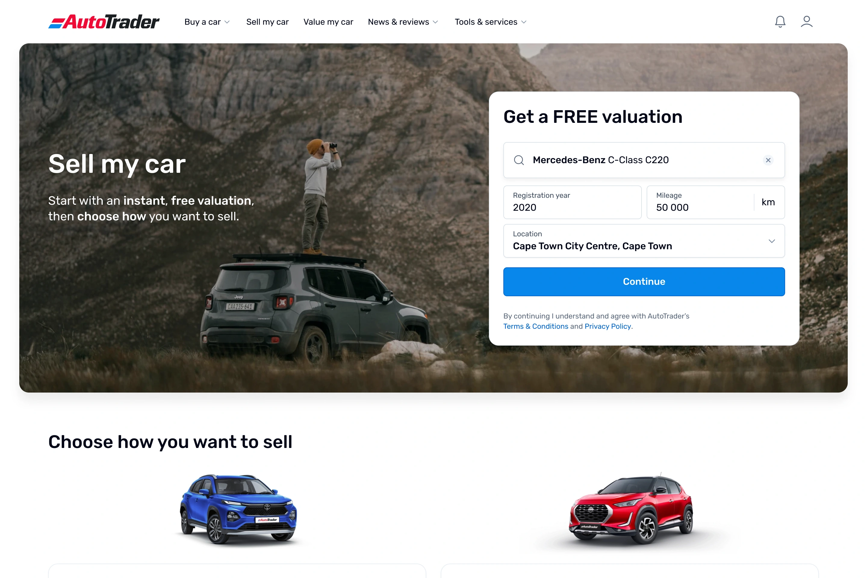 AutoTrader desktop "Sell my car" page. A hero image shows a person with binoculars standing on the roof of a grey Jeep in a rocky landscape, beside a "Get a FREE valuation" form pre-filled with a 2020 Mercedes-Benz C-Class C220, 50 000 km and a Cape Town location. Below, a "Choose how you want to sell" section shows a blue and a red SUV.