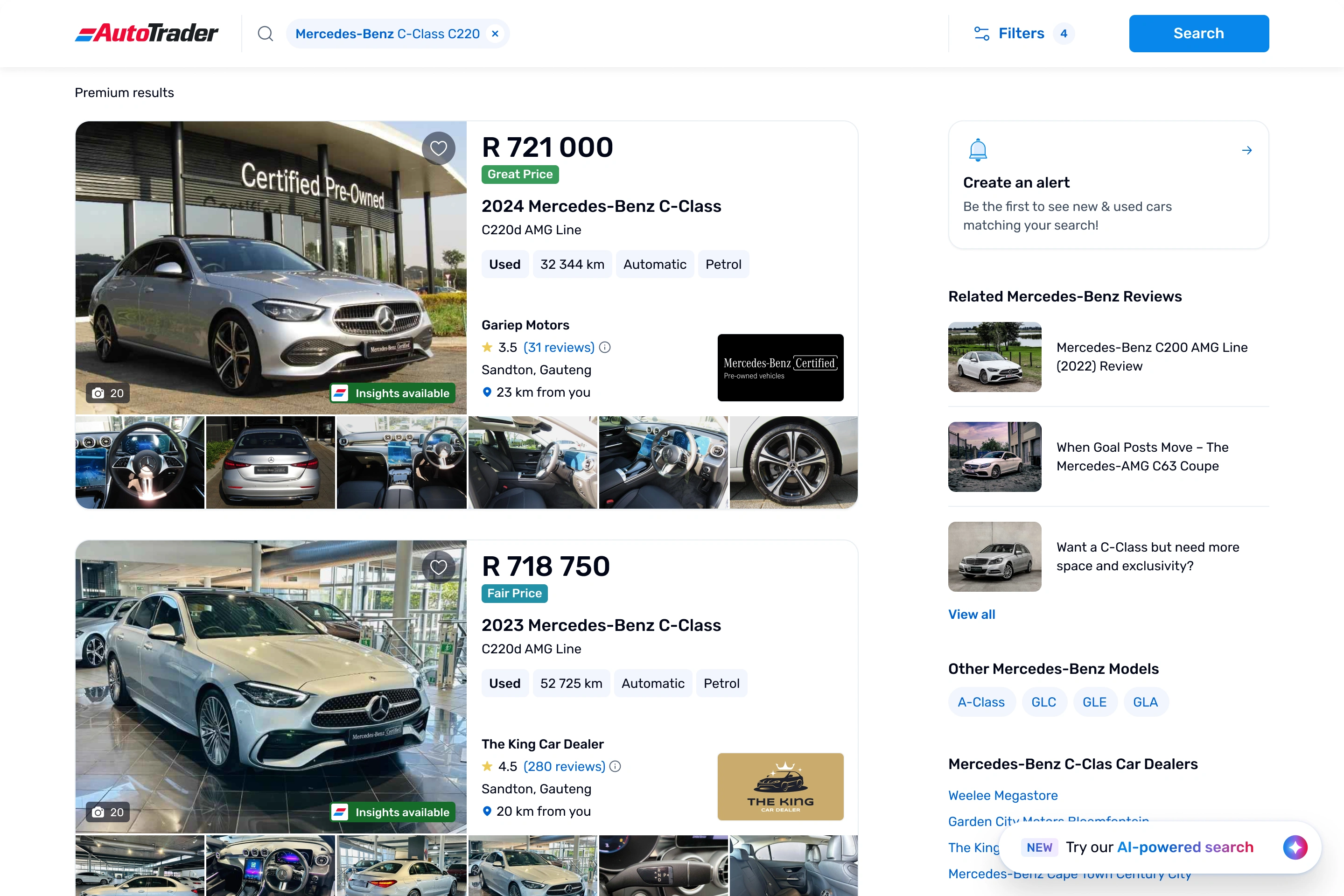 AutoTrader desktop search results for the Mercedes-Benz C-Class C220. Two premium listing cards show silver 2024 and 2023 models priced at R 721 000 and R 718 750, with Great Price and Fair Price badges, photo strips, dealer ratings and distance from the user. A sidebar offers a "Create an alert" option, related C-Class reviews and other Mercedes-Benz models.