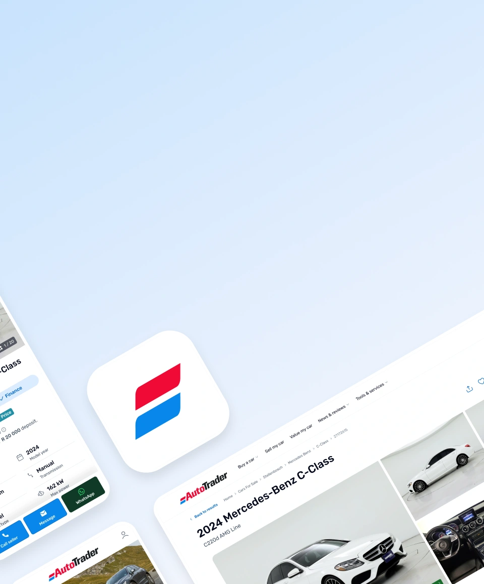 the AutoTrader app icon, surrounded by angled desktop and mobile screens of the redesigned website, including a white 2024 Mercedes-Benz C-Class listing page, against a soft pale blue gradient.