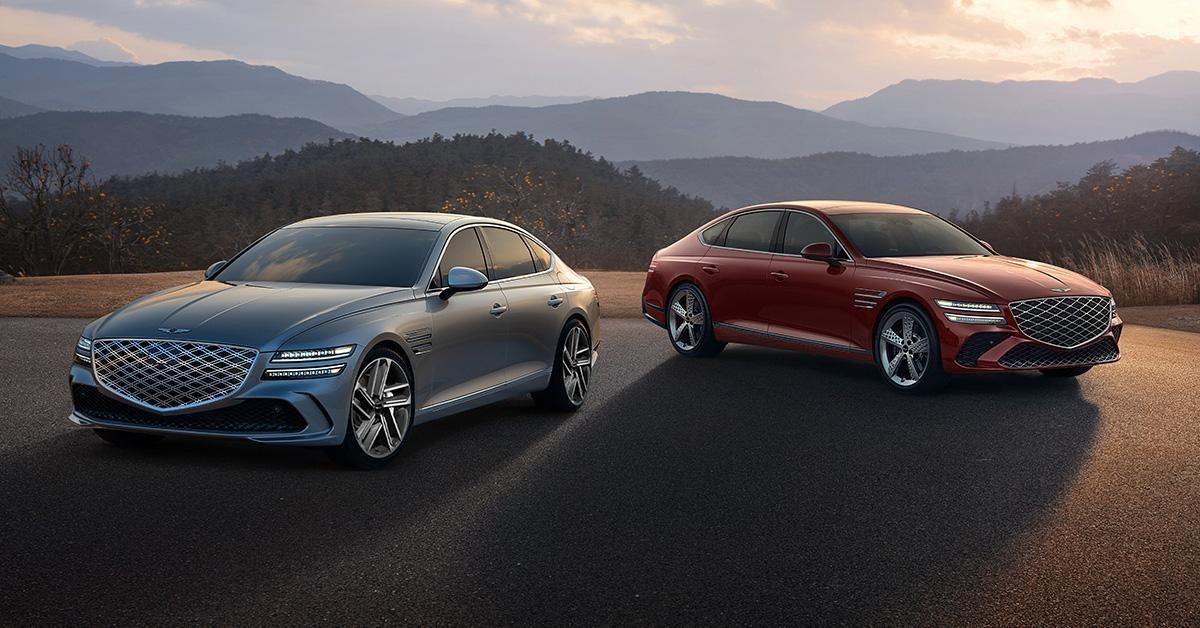 Front exterior view of two Genesis G80 vehicles
