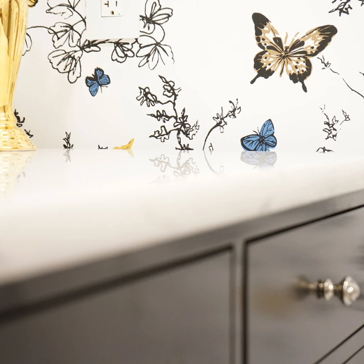 Wood Vanity with Colorful Wallpaper