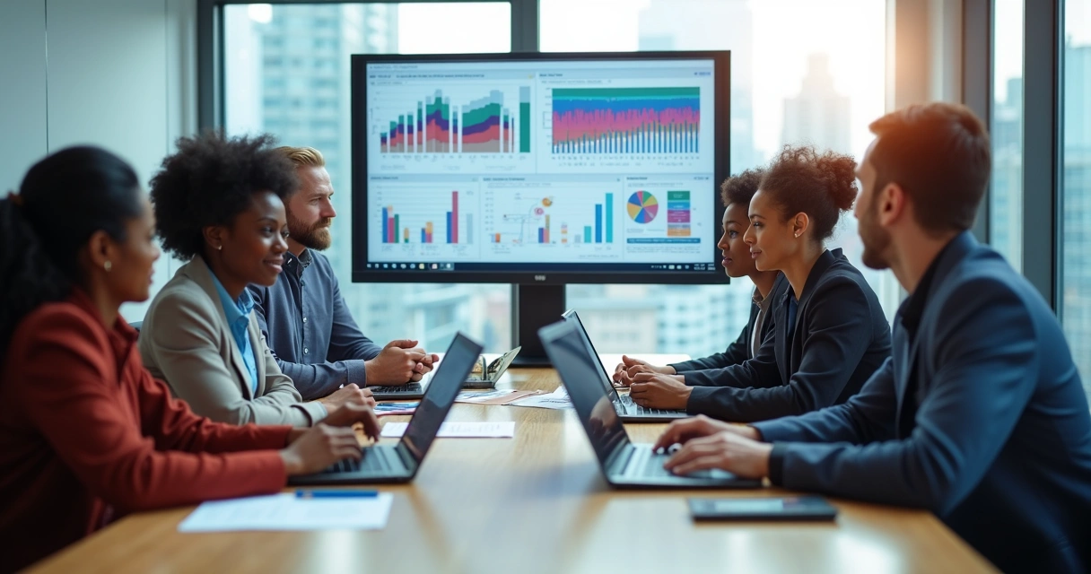 Equipe de RH em reunião avaliando gráficos de dados em computadores
