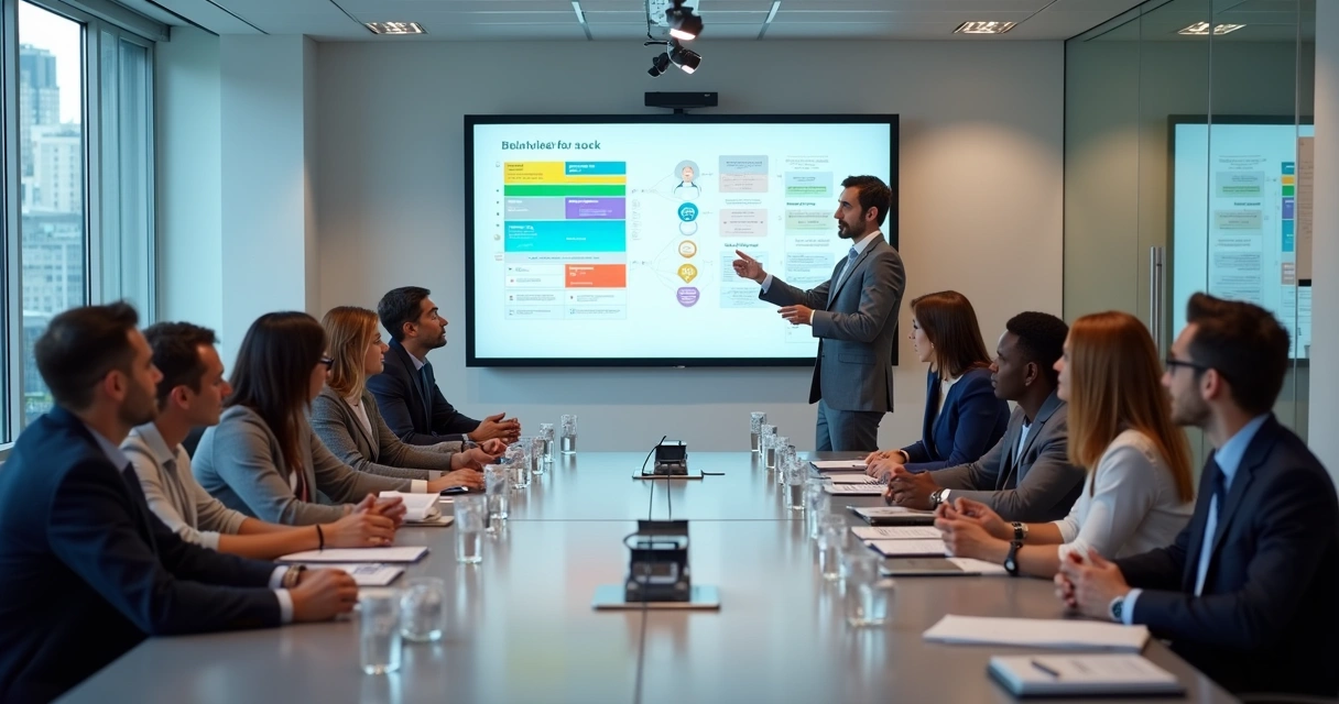 Líderes em sala de treinamento participando de workshop de capacitação