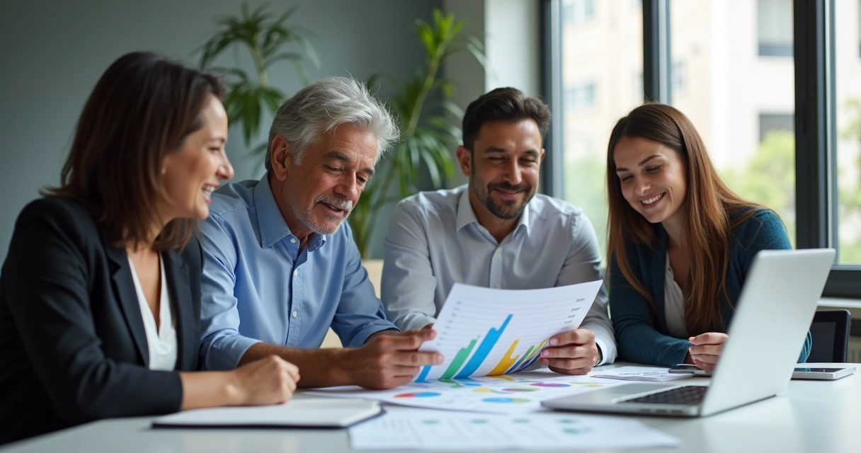 Equipe de gestores analisando relatório PDA em mesa de reunião