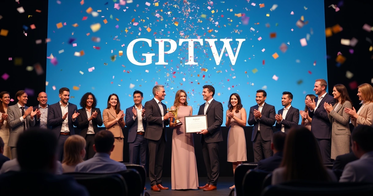 Equipe do Sicredi recebendo premiação de destaque em clima organizacional