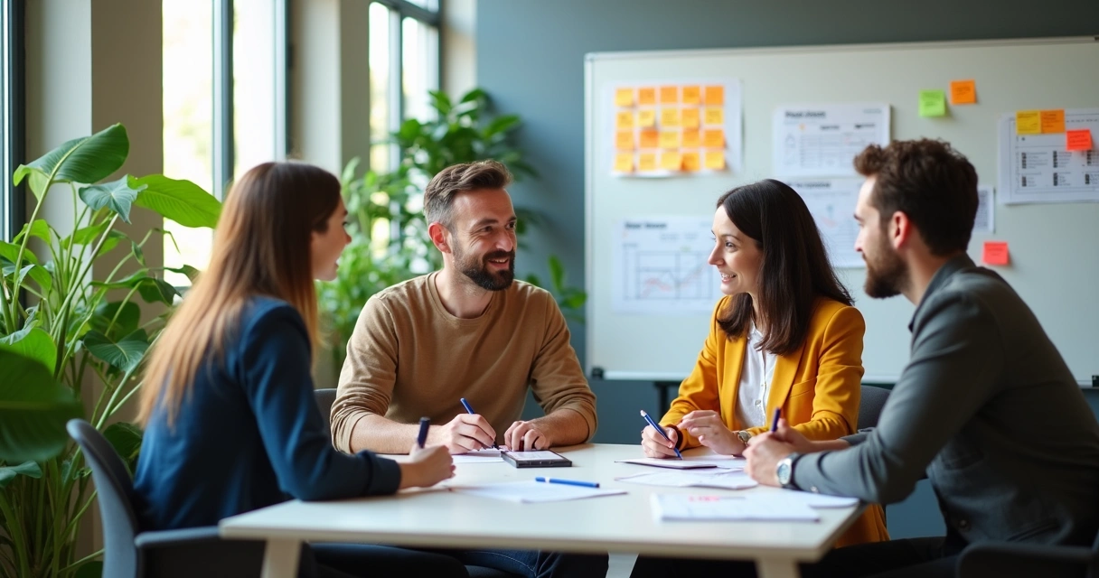 Equipe de trabalho colaborando em reunião 