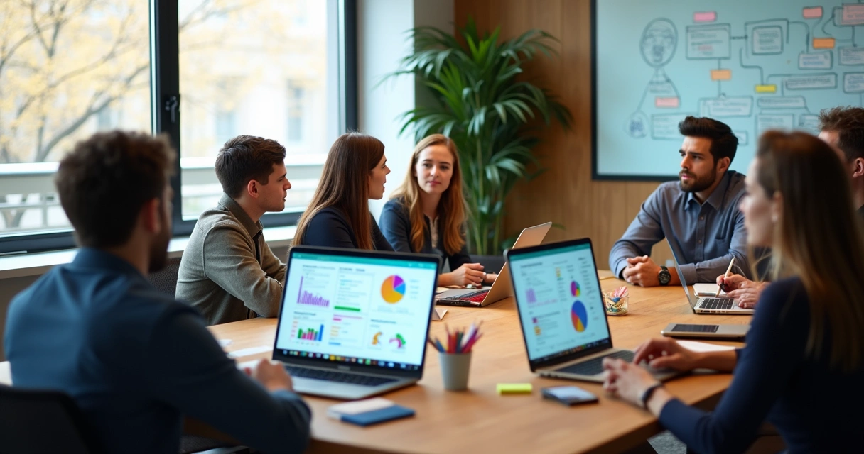 Reunião de equipe de RH analisando gráficos comportamentais e dashboards de feedback em laptops