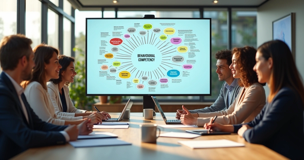 Representação de mapa de competências comportamentais em uma reunião de RH. 