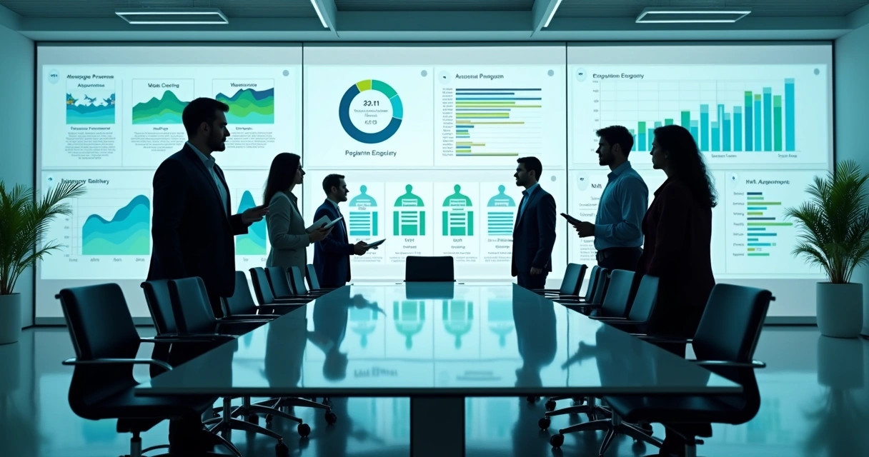 Time de RH e lideranças em reunião estratégica com gráficos e perfis em telas digitais. 
