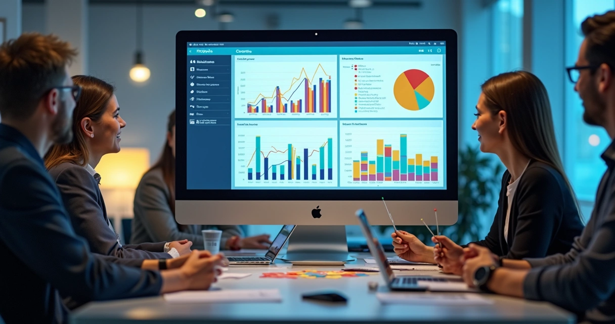 Dashboard colorido com gráficos e métricas de RH em tela de computador