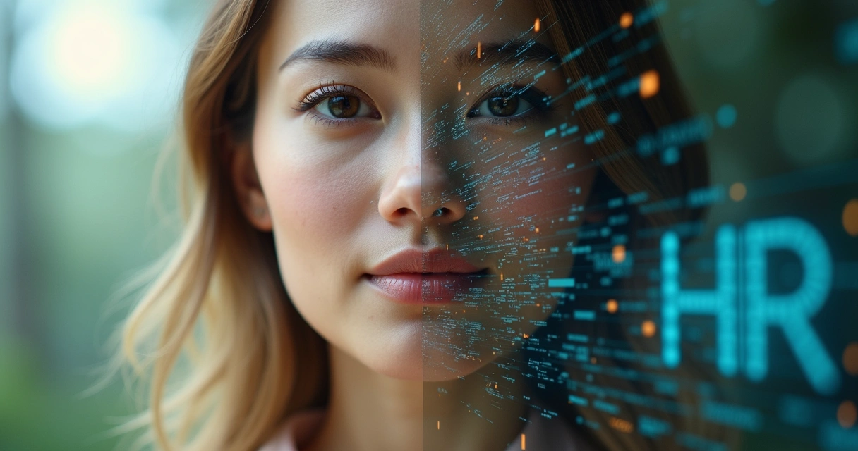 Metade de um rosto humano e metade digital com dados conectados