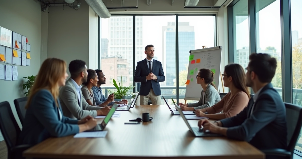 Gestor faz reunião com equipe em escritório moderno