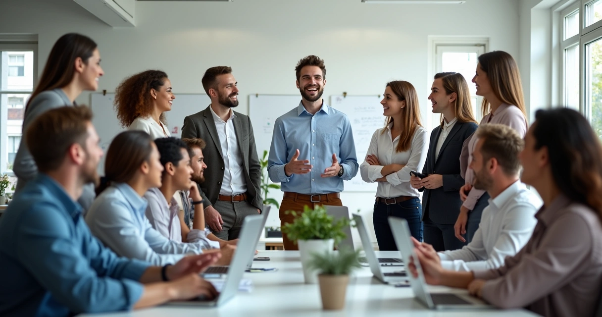 Equipe engajada ao redor de seu líder em escritório corporativo