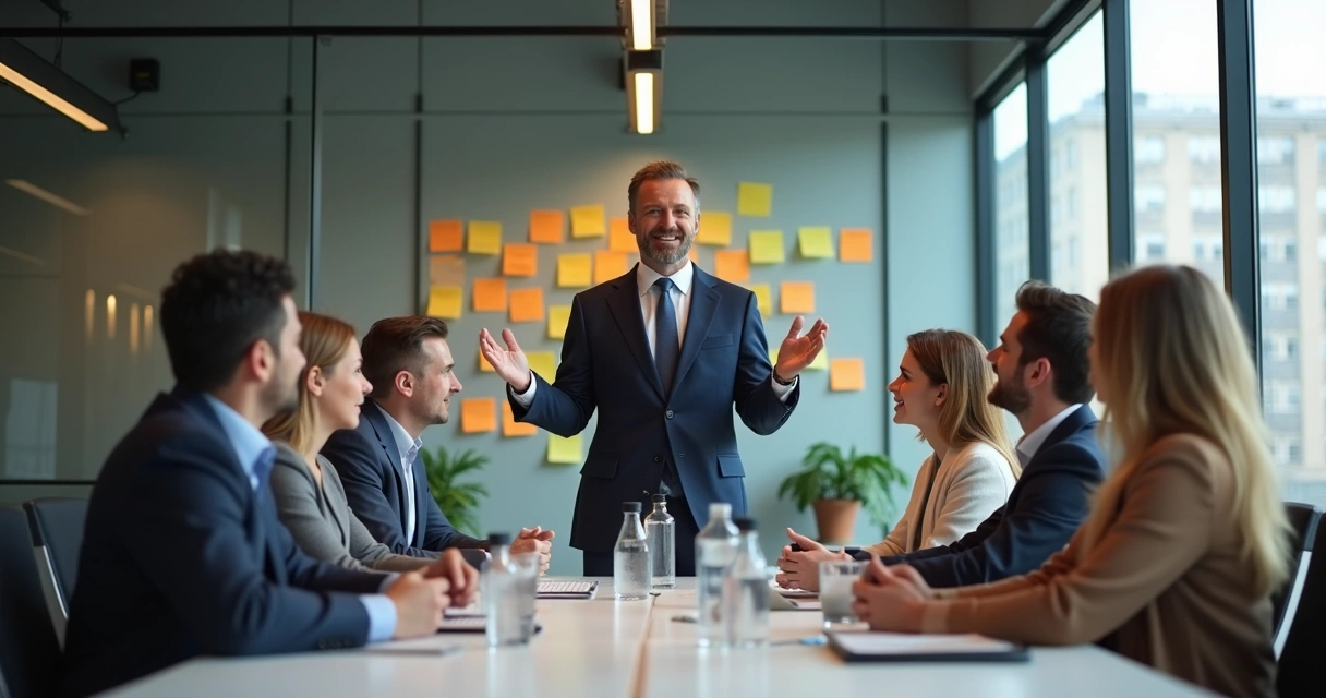 Líder gesticulando motivacionalmente para equipe em volta