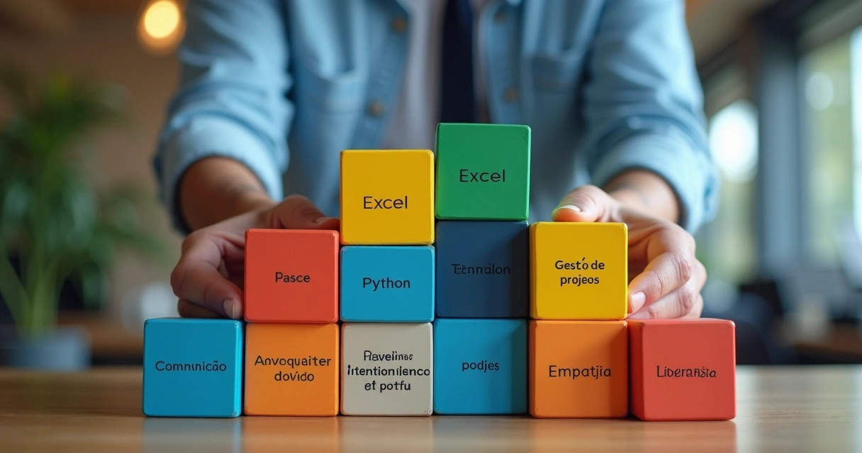 Duas pessoas equilibrando blocos coloridos em prateleiras