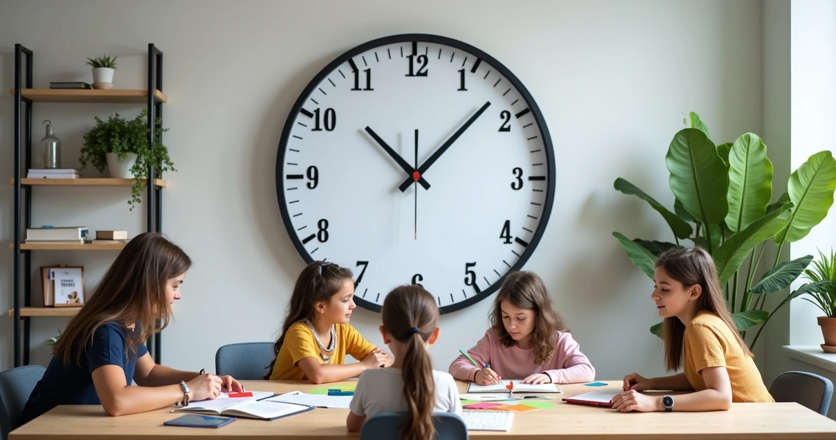 Relógio grande em destaque e pessoas organizando tarefas