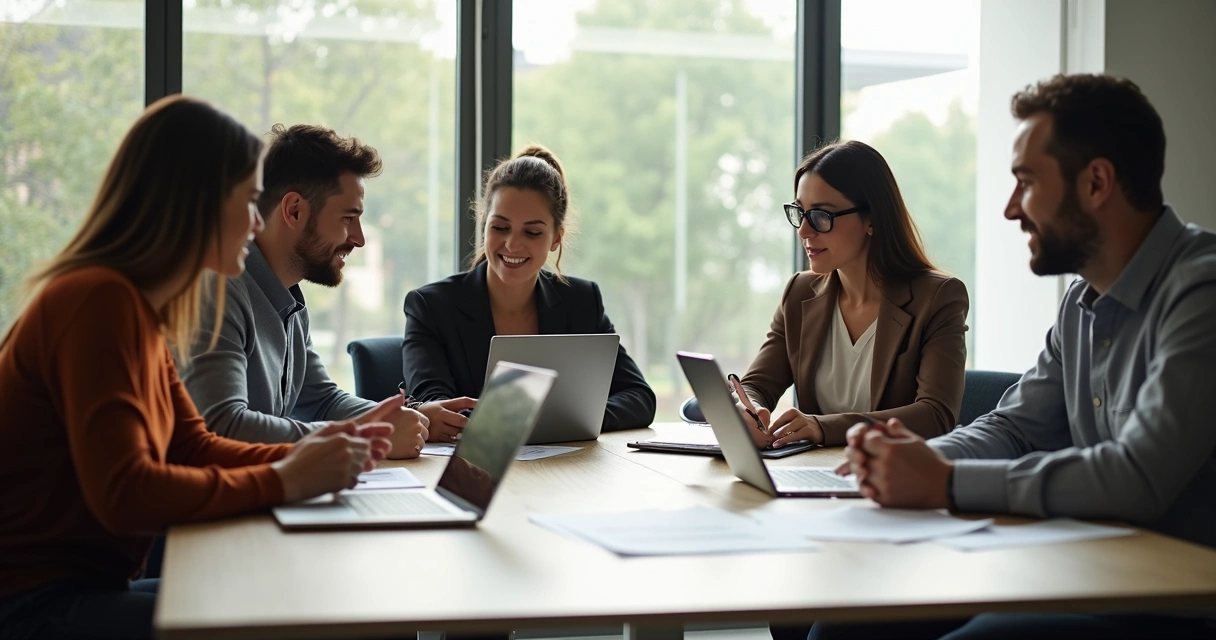 Equipe em mesa de reunião colaborando com expressão de foco