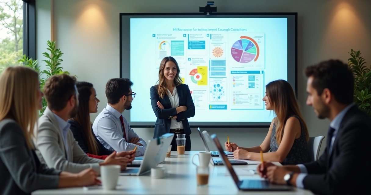 Gestora de RH conduzindo treinamento comportamental presencial 