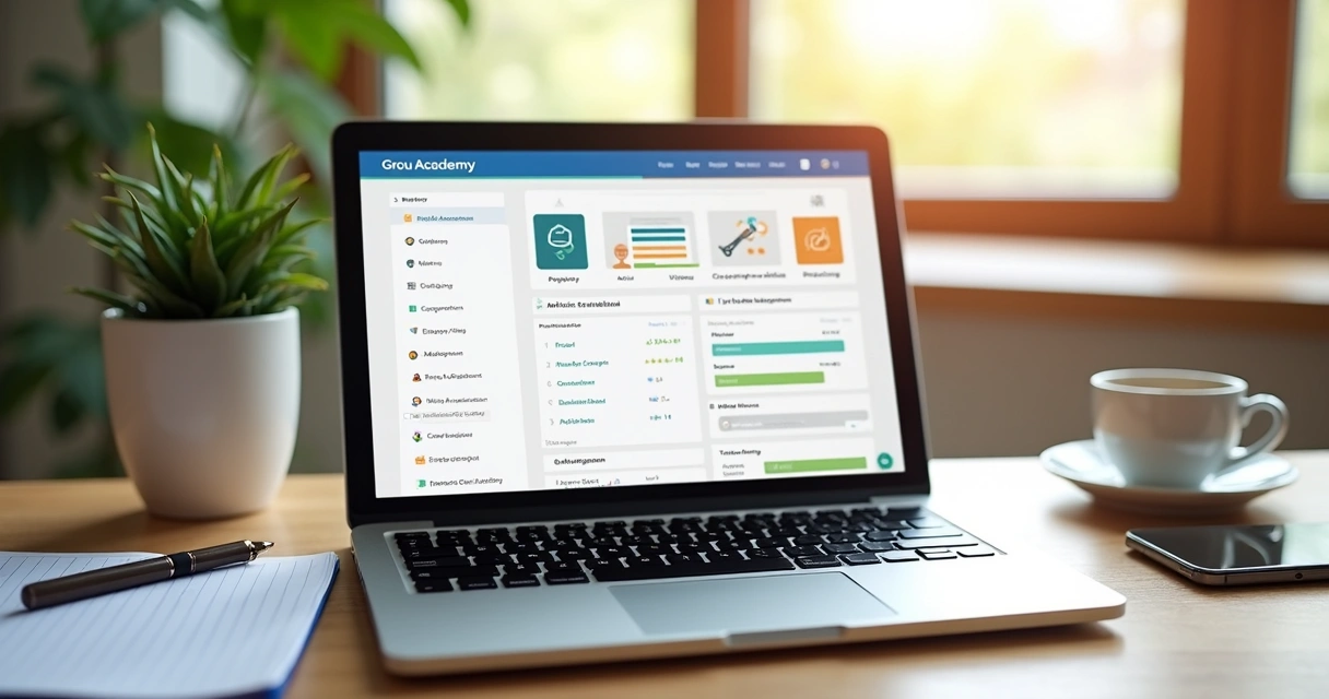 Treinamento online na Grou Academy exibido em tela de notebook 