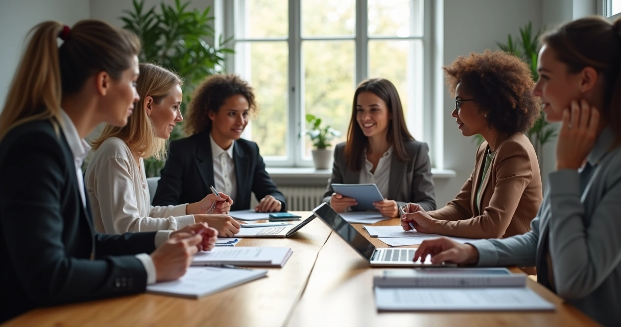 Entrevista de seleção com um grupo reunido com papéis e notebooks em uma mesa