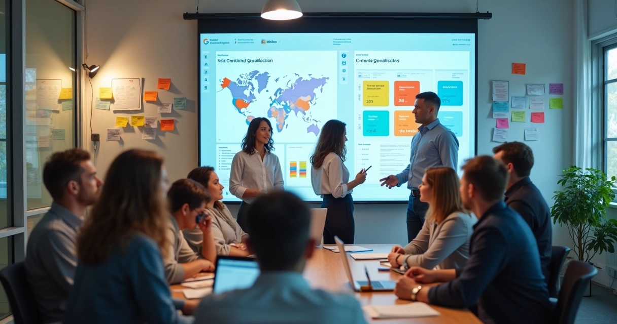 Funcionários de empresa interagindo em painéis de aprendizagem