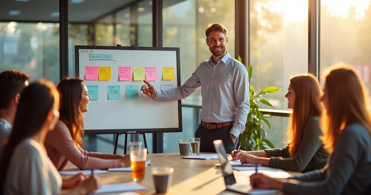 Gestor inspira equipe diversa em sala de reunião moderna