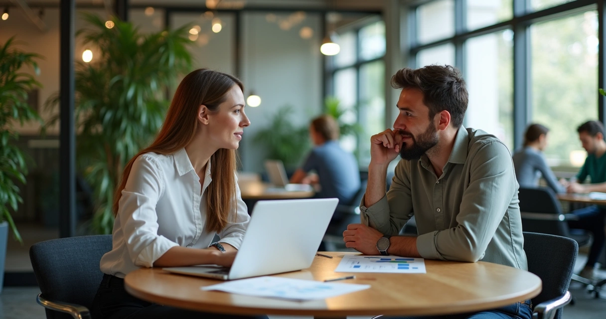 Gestor dando feedback construtivo em reunião informal