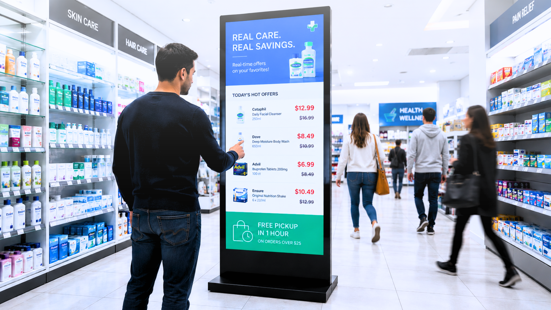 Digital signage kiosk displaying real-time product offers and prices in a retail pharmacy