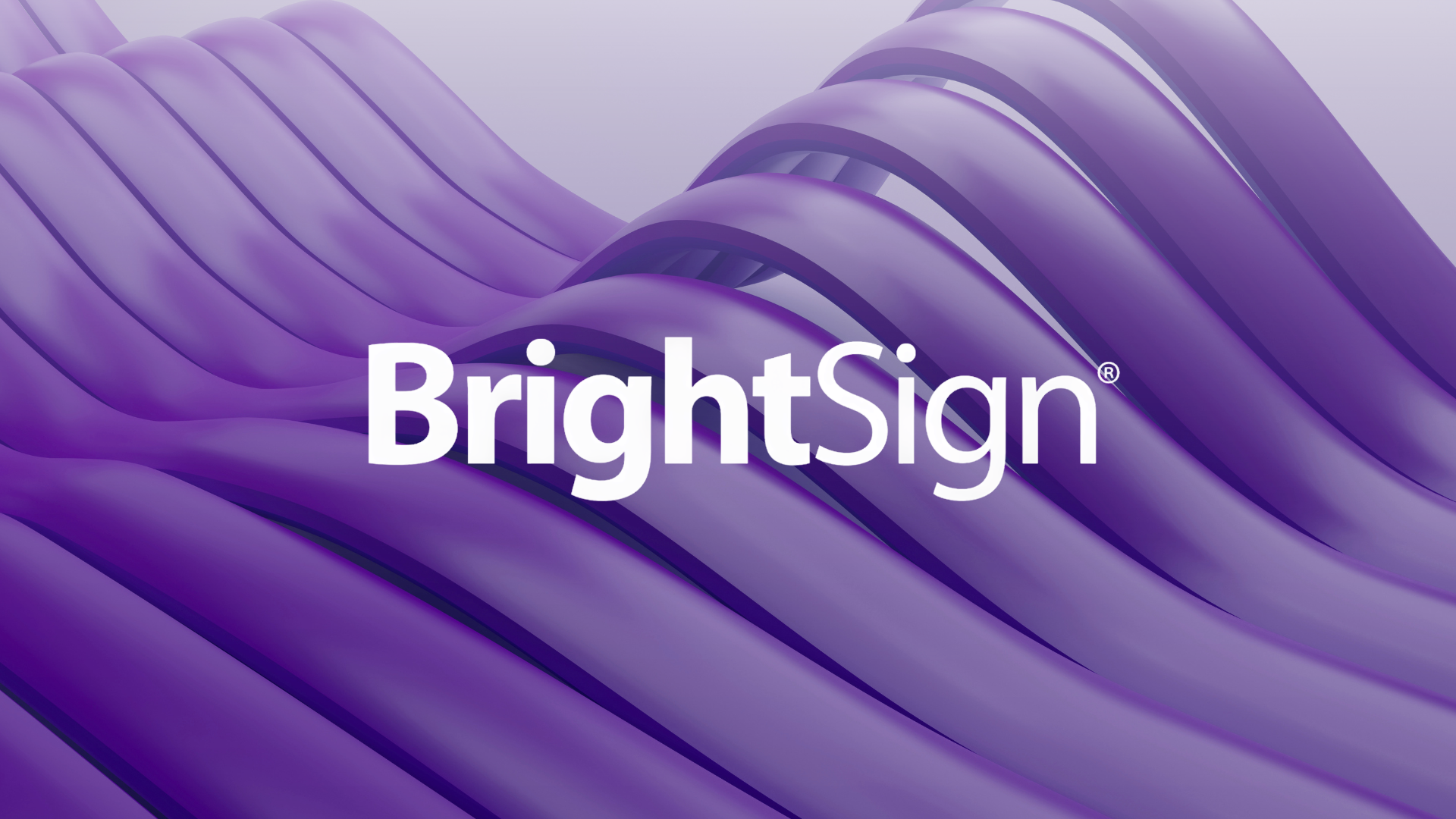 BrightSign digital signage hardware logo on purple 3D wave background, cover image for BrightSign CMS article