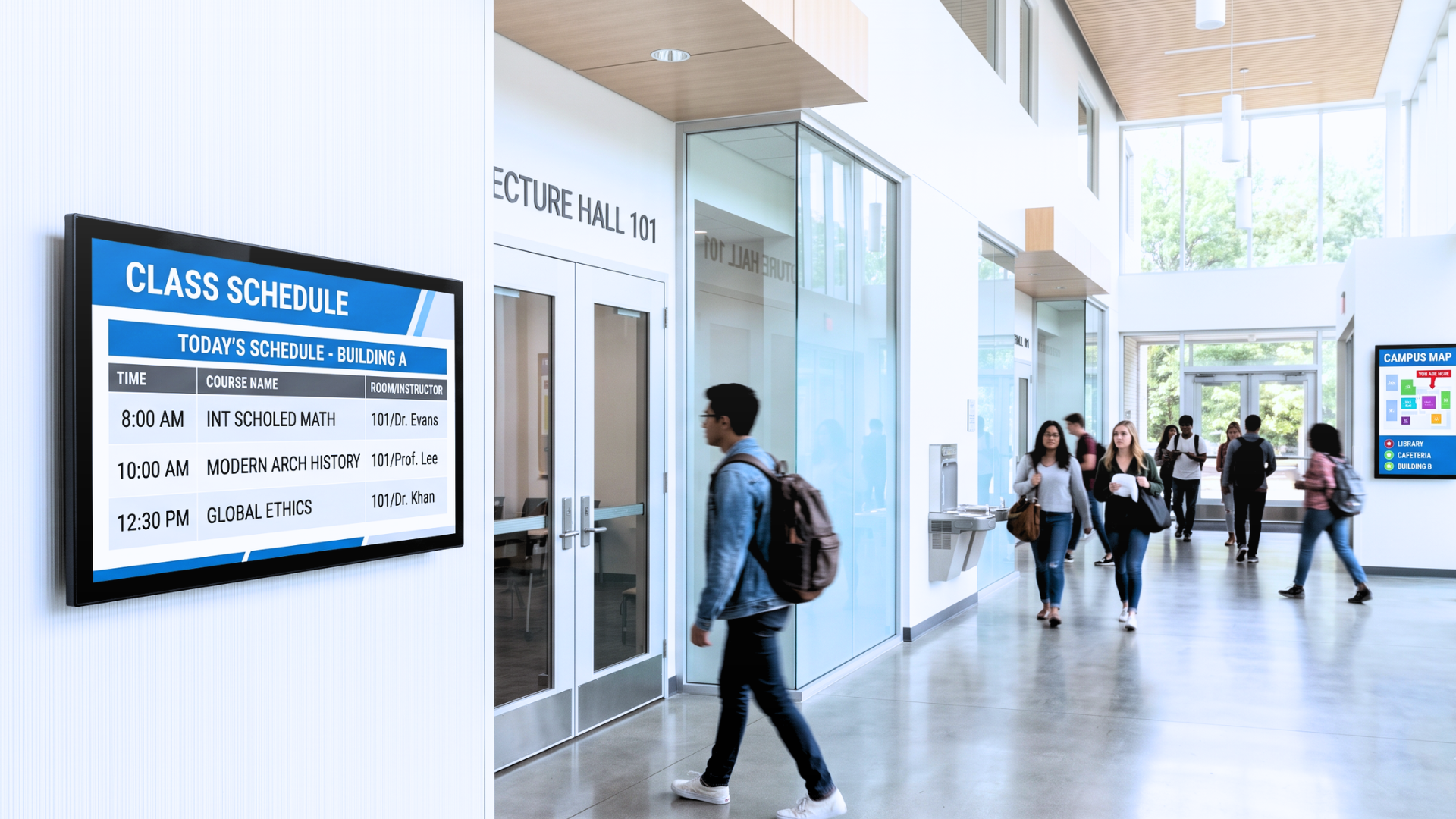 Digital signage kiosk displaying real-time product offers and prices in a retail pharmacy