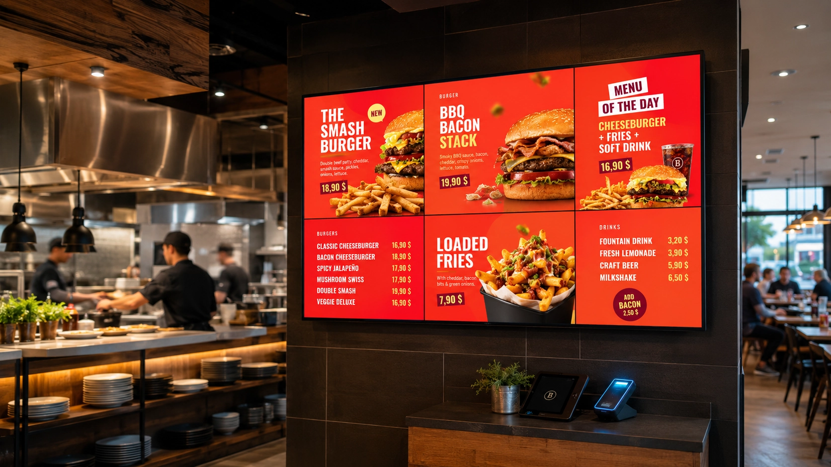 Digital menu boards in a quick-service restaurant showing real-time menus, prices and promotions.