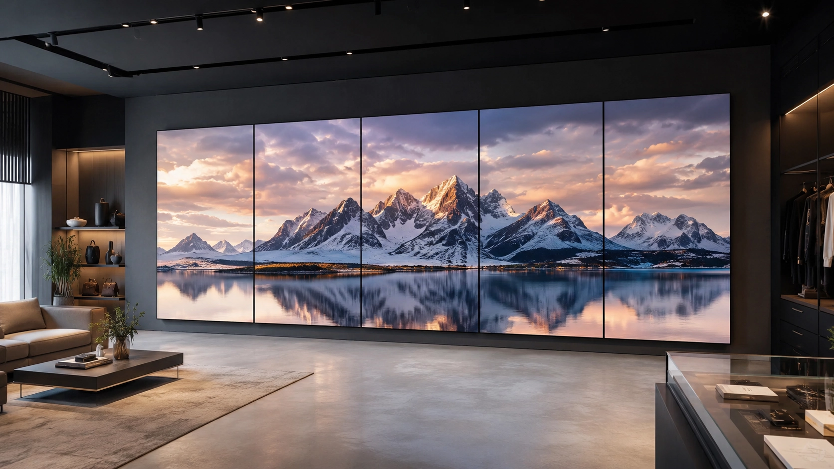 Video wall software synchronizing content across multiple digital displays in a modern showroom.