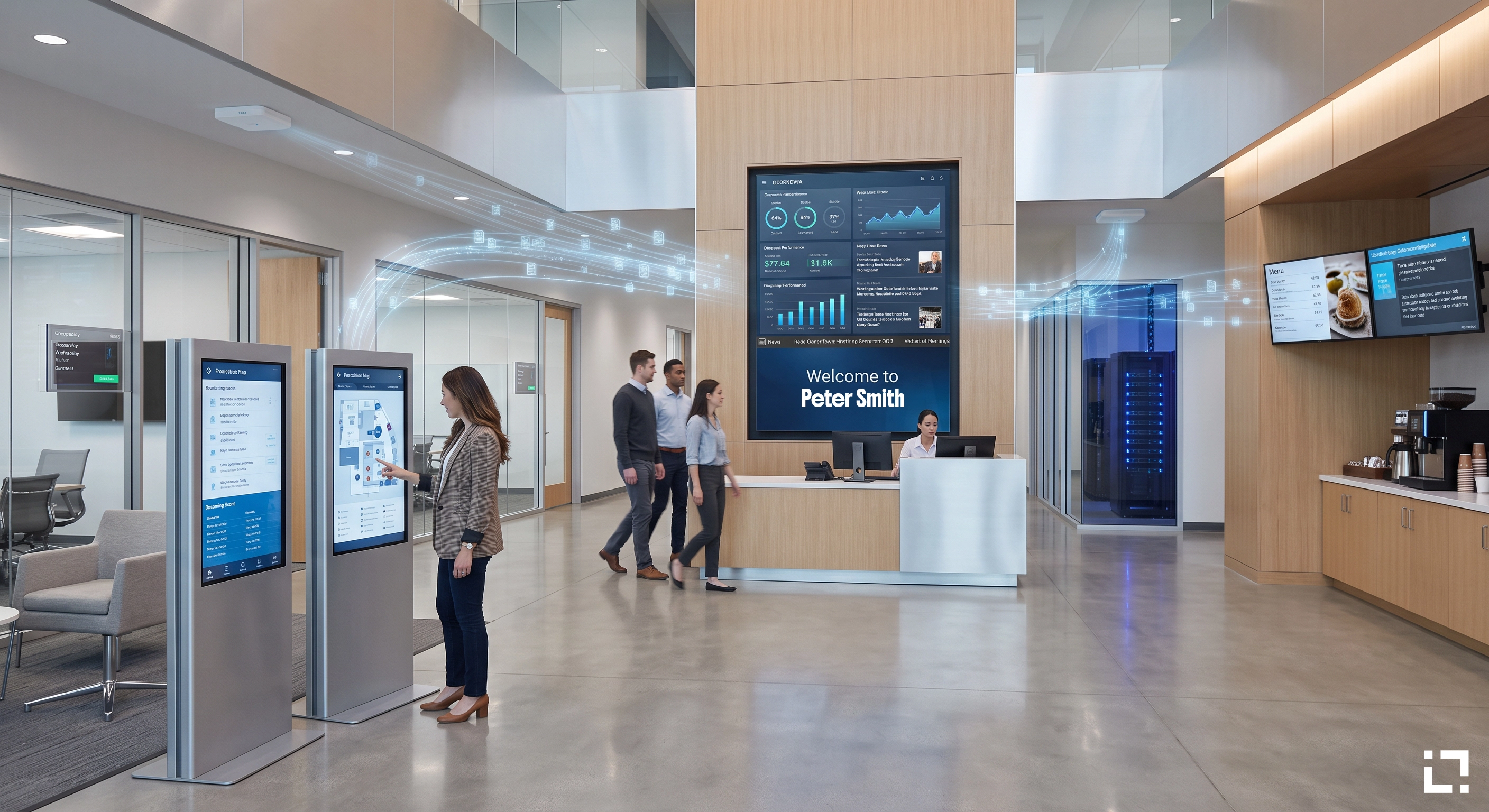 Modern corporate lobby featuring interactive kiosks, a large wall display, and glowing blue data streams connecting devices to a server room, representing a connected digital signage infrastructure.