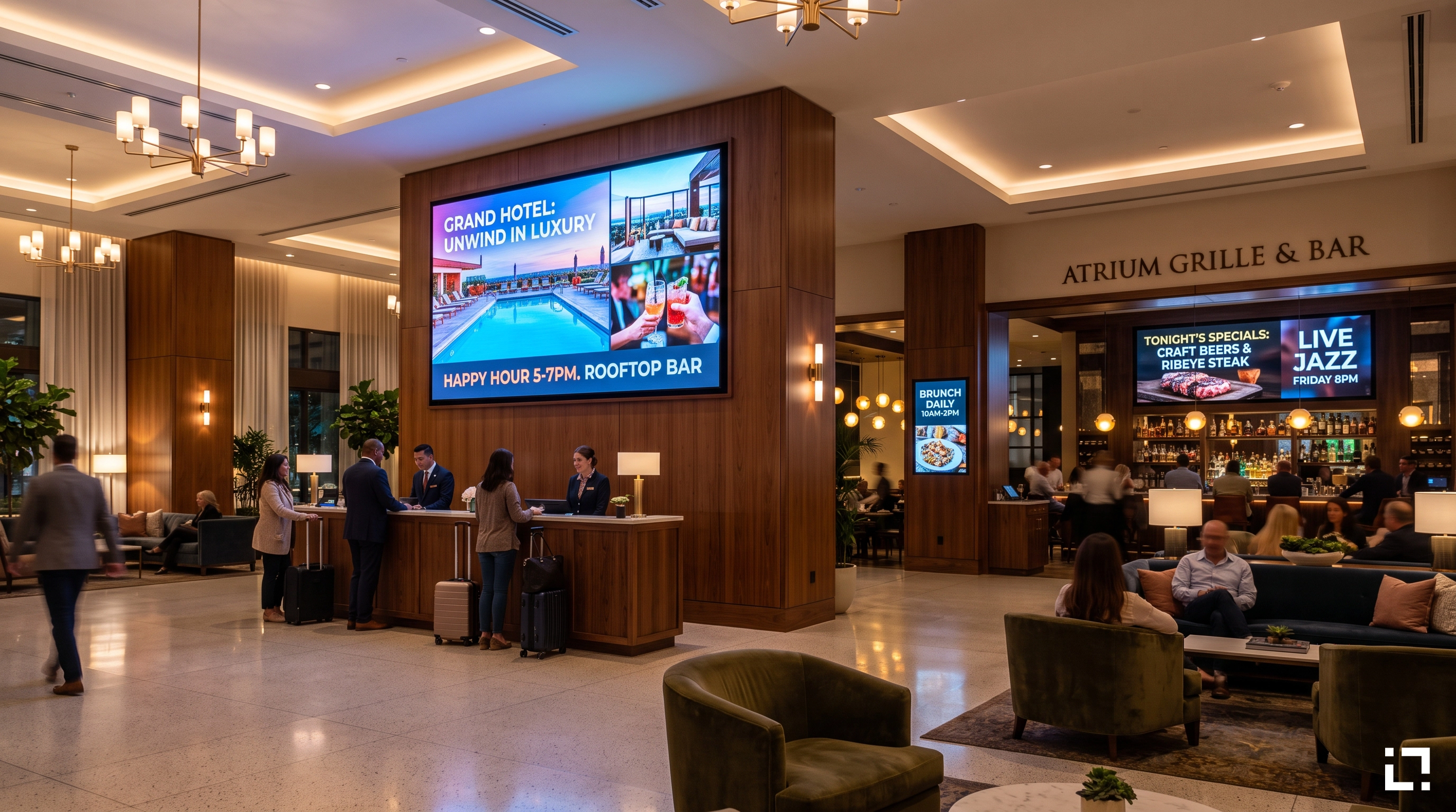 Modern hotel lobby featuring a large digital signage screen above the reception desk displaying promotional slides, with an adjacent restaurant and bar showing synchronized digital menu boards in the background.